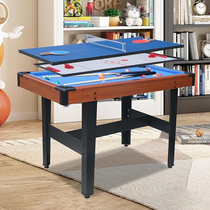 48 Inch Pool Table, Ping Pong Table & Ice Hockey Combo, 3-in-1 Multi Game Table with All Accessories, Sturdy Locking Legs, Outdoor or Indoor