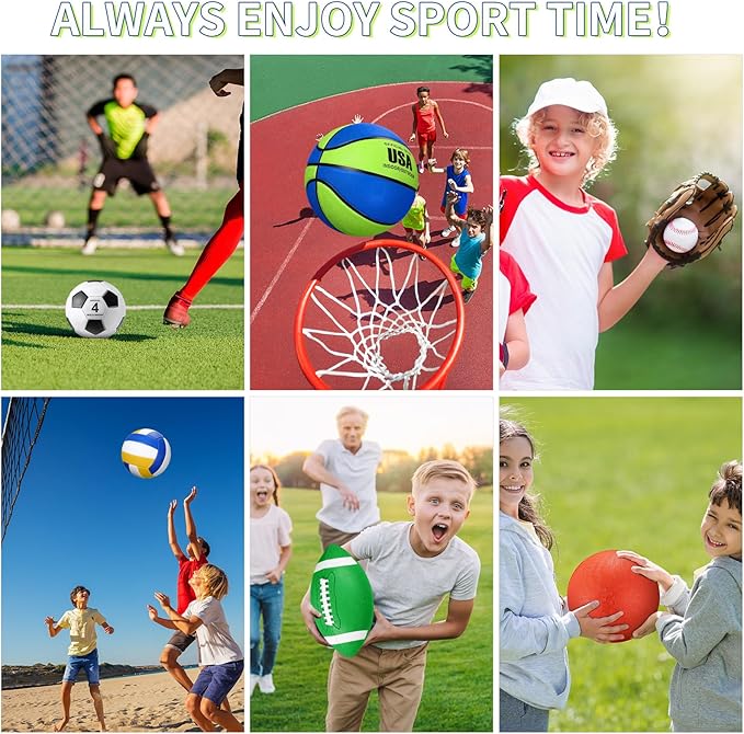 Realspring 6 Pcs Multi Sport Ball Set for Kid Teen Operation Christmas Official Size Football, Basketball, Soccer, Volleyball, Playground Ball, Baseball with Sports Equipment Bag Pump