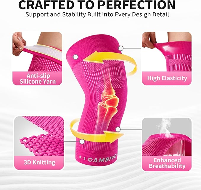 CAMBIVO Elite Motion Series Knee Brace for Women and Men (2 Pack), Ultra-Thin Lightweight Knee Compression Sleeve with Reflective Design for Pain Relief, Running, Workouts, Daily Use (Hot Pink, Large)