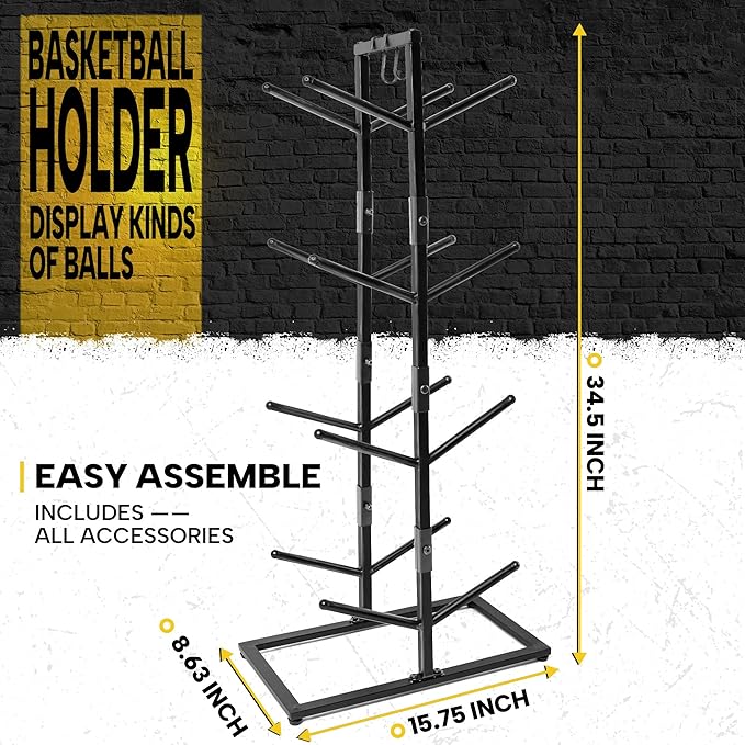 GENMOUS 8-Ball Basketball Holder - 34.5" Tall Double Side Metal Rack Display Stand for Basketball, Football, Volleyball Storage - Sports Decor for Home, Garage, Indoor, Outdoor Ball Storage