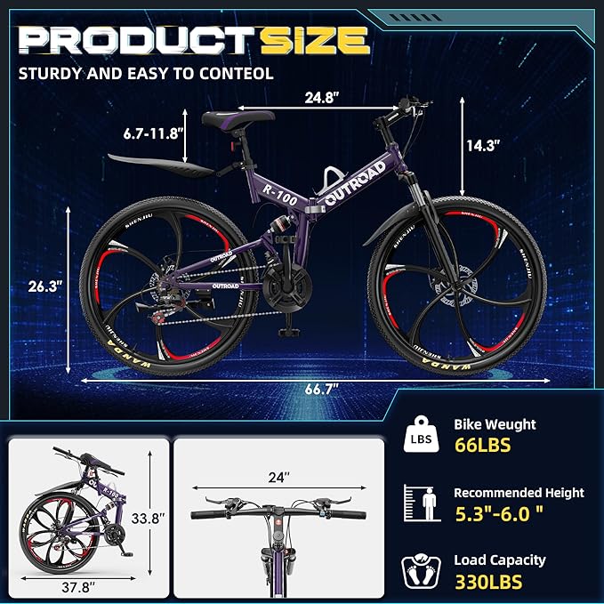 26 Inch Folding Mountain Bike with High Carbon Steel, 21 Speed City Bike with Dual Suspension, Folding Bicycle for Adults Men and Women