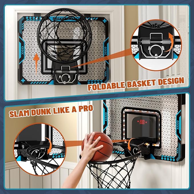 Indoor Mini Basketball Hoop for Boys Kids Aged 5 6 7 8 9 10 11 12+, Over The Door Basketball Hoops with LED Lighting, Electronic Scoreboard, and 4 Balls, Sport Toys Birthday Gift