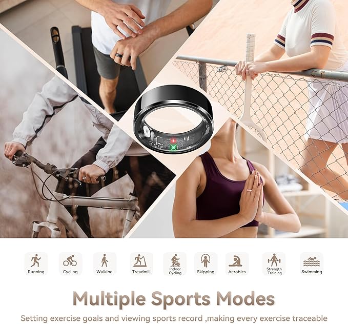 Health Smart Ring for Men Women, Fitness Tracker with Heart Rate/Blood Pressure/Blood Oxygen Monitor,Sleep Tracker,Pedometer, IP68 Waterproof Ring for iPhone&Android, No Subscription (Black, Size11）