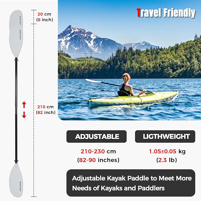 Kayak Paddle with Fiberglass Shaft and Reinforced Nylon Blade, Adjustable Kayaking Oars, 3 Piece, 230-250 cm/90-98 inches, 210-230 cm/82-90 inches