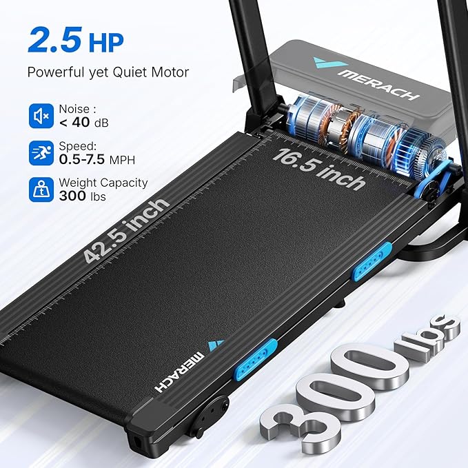 MERACH Foldable Treadmill with Incline, 7.5MPH Quiet Treadmills for Home with Double Deck Technology, 4 Silicone Shock Cushion, Heart Rate Monitoring,16.5" Wider Belt, APP