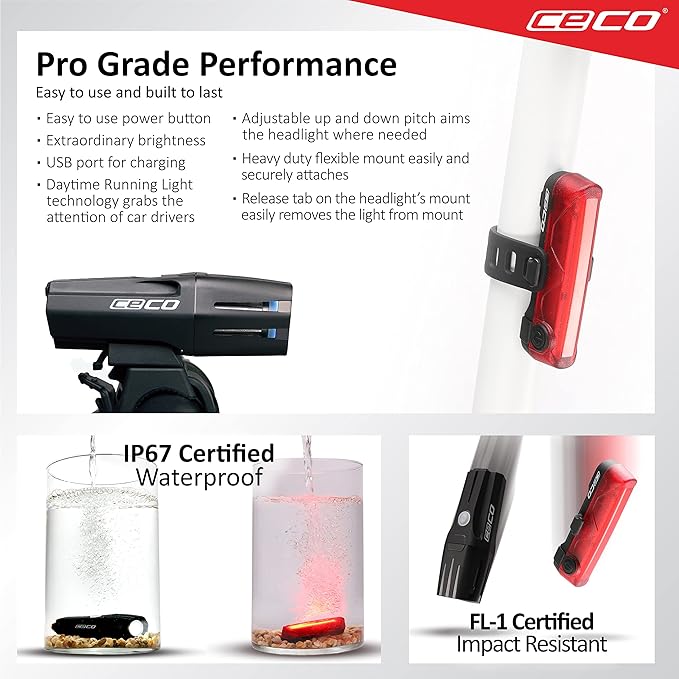 CECO-USA: 1000 Lumen Headlight & 80 Lumen COB LED Tail Light for Cyclists who Want to See far & to be seen from Super Wide Angle. Brightest USB Rechargeable Bike Light Set Available for All Cyclists
