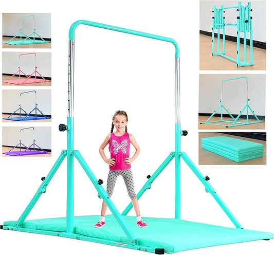 MARFULA Foldable Gymnastic Bar for Kids Ages 3-12, 9 Height Levels, 200 lbs Weight Capacity, 5 Ft Length Gymnastic Kip Bar with Mat, Gymnastic Equipment for Home and Gym Center Indoor Outdoor Use