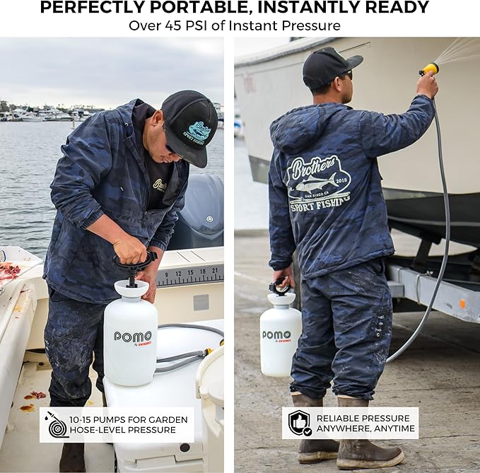 Pomo High Pressure 5L Portable Shower, Outdoor Shower, Camping Shower, Surf Rinse Kit, Beach Shower, Dog Wash, Boat Rinse, Car Shower, 1.5 Gallon Multi-use Sprayer, Hand Pump 45 PSI - No Power Needed!