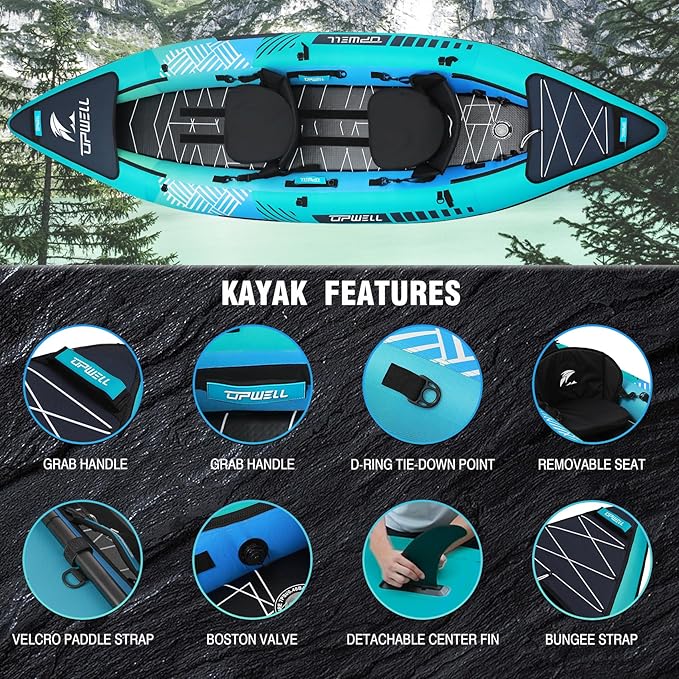 UPWELL 11'/14'6”Inflatable Kayak with Drop Stitch Floor and Accessories Including Kayak Seat with Thickened Cushion, Paddle, Fin, Repair Kits, Carry Bag and Hand Pump