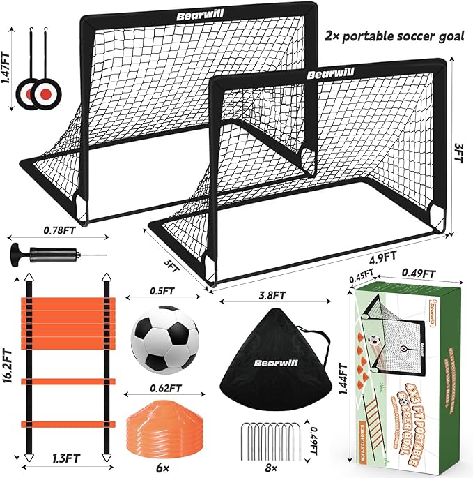 Soccer Goal, Kids Soccer Goals for Backyard Set of 2, 4x3ft Portable Soccer Goal Pop Up Soccer Net, Kids Soccer Net Training Equipment with Soccer Ball, Ladder, Cones, Targets