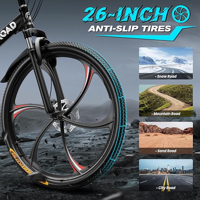 Betterland 26 Inch Folding Mountain Bike, 21 Speeds Full Suspension Foldable Bikes, Dual Disc Brake, High Carbon Steel Frame and Non-Slip Quick Release tire Bicycle for Adult