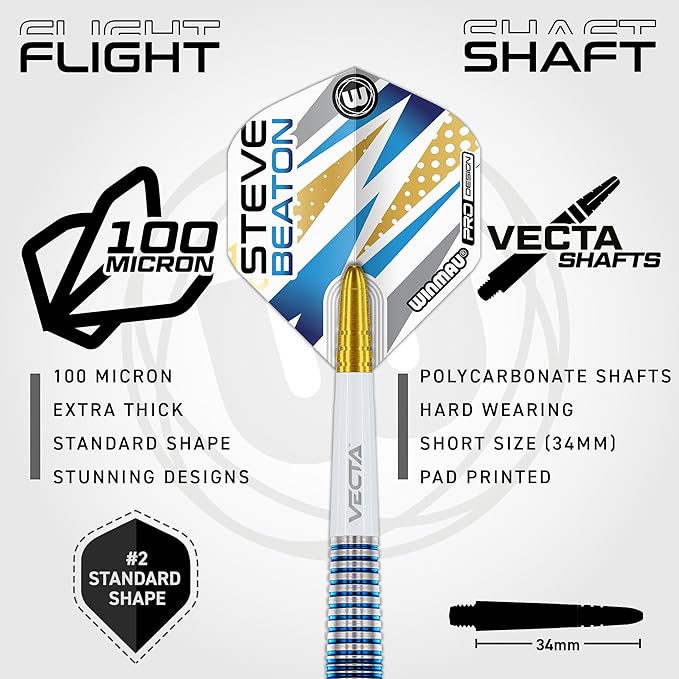 WINMAU Darts - Professional Player - Steve Beaton Legacy Edition 90% Tungsten Darts Set with Dart Flights and Dart Shafts (Stems) – Available in Soft and Steel Tip - Available weights 18g, 22g and 24g