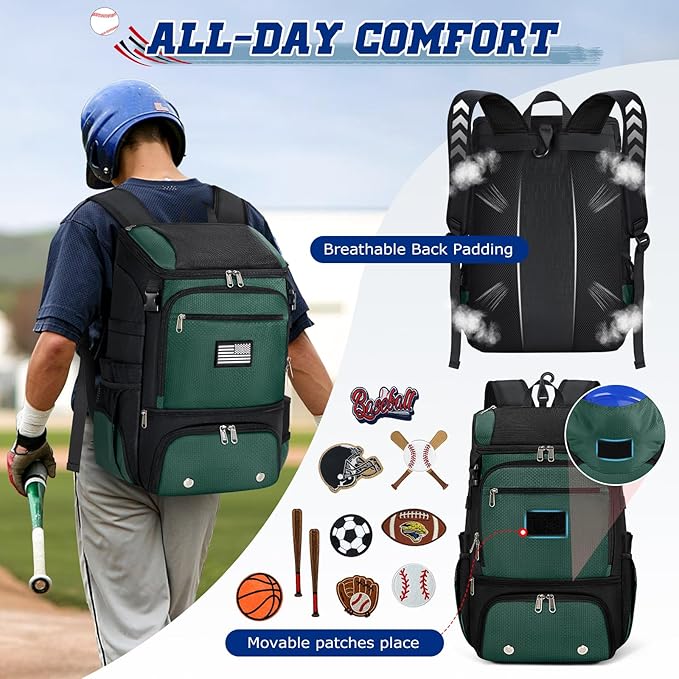 RAINSMORE Baseball Backpack, Lightweight Softball Bag with Shoe Compartment Baseball Bag for Youth & Adult Softball Bat Bag with Fence Hook Helmet Holder Sports Backpack for T-Ball
