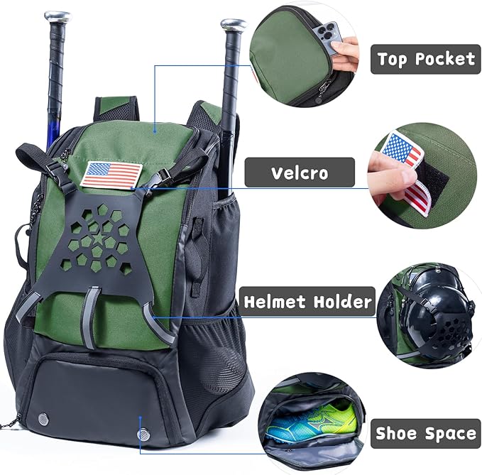 Baseball Backpack for Youth, Boys, Adults - Bat and Softball Equipment Bag With Glove Holder, Helmet, Shoes Compartment - T-Ball Accessories and Baseball Gifts