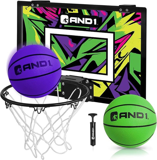AND1 Over the Door Mini Basketball Hoop: 18x12 Shatterproof Backboard, 2 Mini Basketballs, and Hand Pump Included- Ultimate Indoor Basketball Accessory for Kids and Adults, No Tools Required