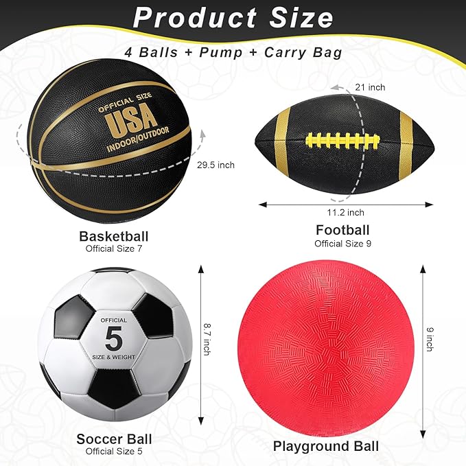 Lenwen 4 Pcs Sports Balls Set, Include Official Size Basketball Soccer Football Playground Ball Pump Equipment Bag Recess Equipment Sport for Teen Adult Gift Back to School
