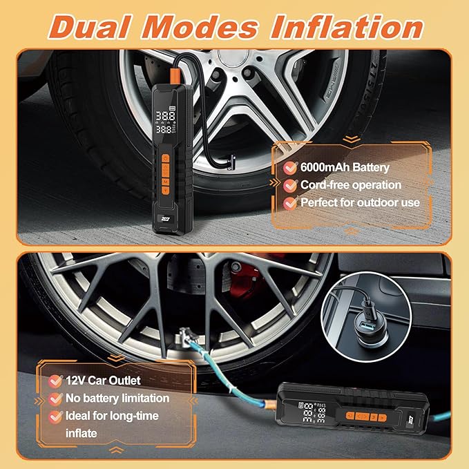 Tire Inflator Portable Air Compressor, Air Pump for Car Tires, Bike Pump, Portable Tire Inflator for Car, Motorcycle, Bicycle, Balls - 150PSI, 6000mAh Battery, LED Light Auto Shut-Off Function