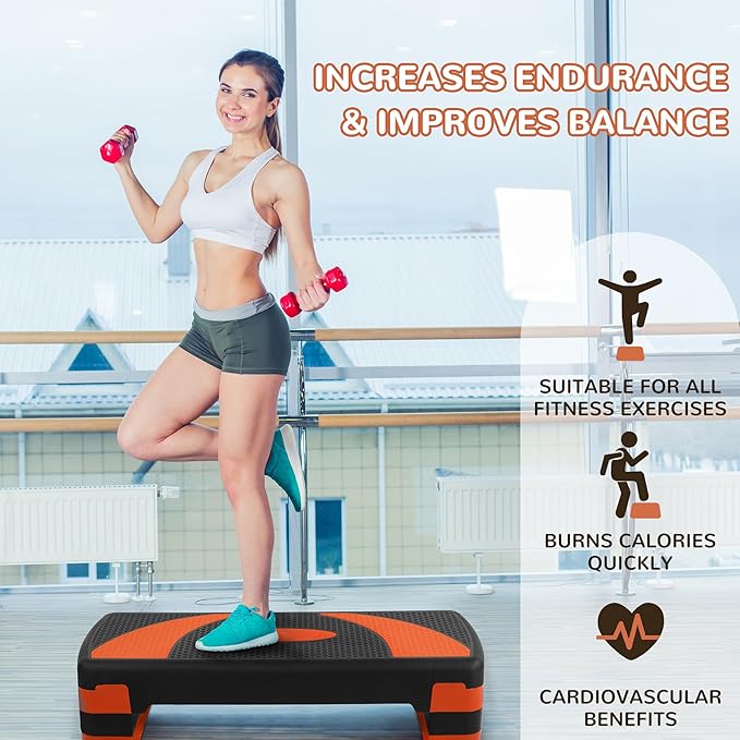 Fitvids Step Aerobic Platform, 31" Exercise Step with 3 levels Adjustable Height, 4 Stackable Risers, Fitness Training Workout Stepper for Home Gym, Cardio Strength, Black & Pink