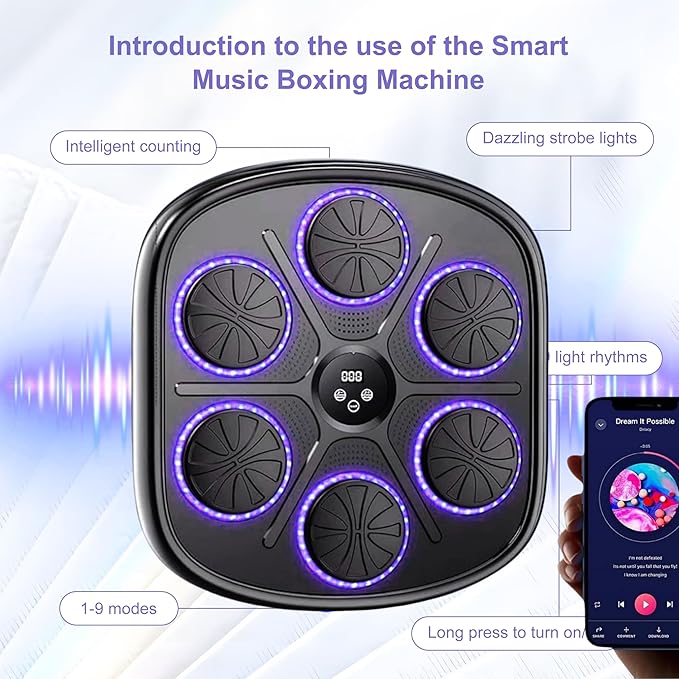 Music Boxing Machine – Interactive Punching Bag with Bluetooth Speaker, LED Targets & Smart App | Home Fitness Equipment for Boxing, Cardio & Stress Relief | Adjustable for Adults & Kids