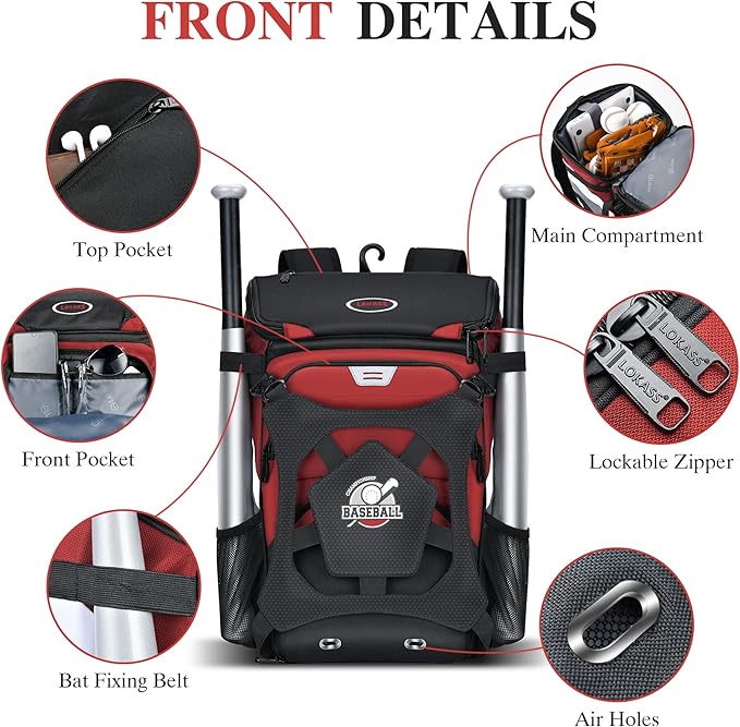 Baseball Backpack for Adult and Youth, Large Capacity Lightweight Softball Bag With Shoe Compartment and Fence Hook for TBall Bat & Equipment, Waterproof for Helmet, Gloves