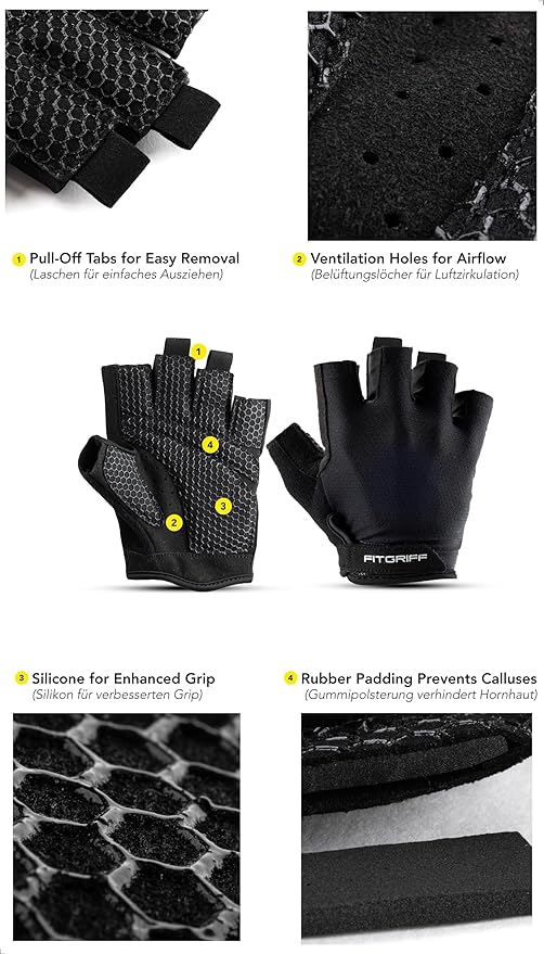 Fitgriff® Workout Gloves (Padded) for Men & Women - Fingerless Gym Gloves for Weight Lifting, Training - Full Palm Protection, Size : 6