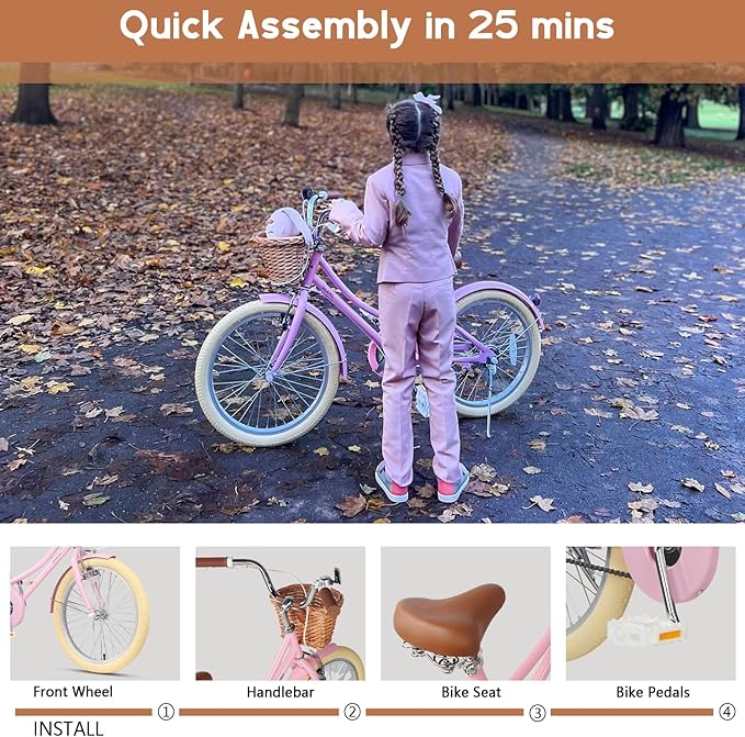 Glerc Little Molly 12-20 Inch Kids Retro Cruiser Bike for 2-13 Year Old with Wicker Basket & Training Wheels/Kickstand, Multiple Colors