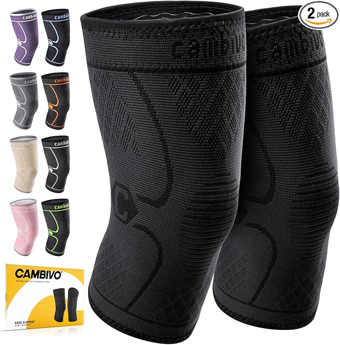 CAMBIVO 2 Pack Knee Braces for Knee Pain, Knee Compression Sleeve for Men and Women, Knee Support for Meniscus Tear, Running, Weightlifting, Workout, ACL, Arthritis, Joint Pain Relief (Black,X-Large)