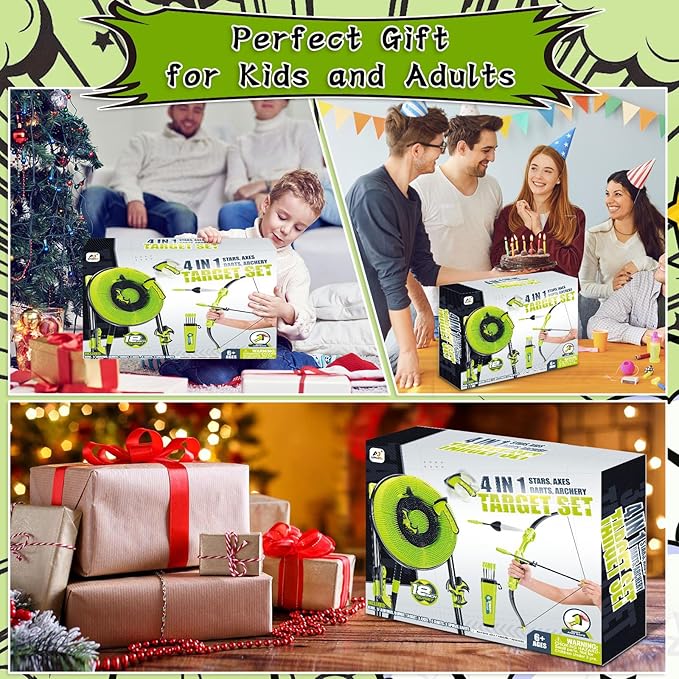 4 in 1 Axe Throwing Target Set for Backyard Kids Adults, Includes Bristle Target, Bow & 5 Arrow, 3 Throwing Axes, 3 Ninja Stars, 6 Darts, Safe Plastic Archery Yard Game for Outdoor Indoor