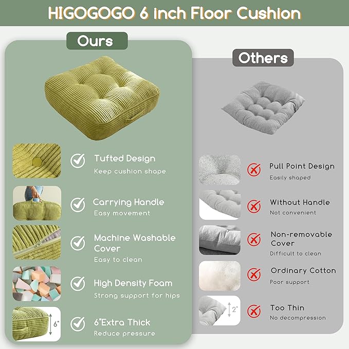 6" Washable Floor Pillow Cushion for Adults, Meditation Cushion Pillow, Large Square Floor Sitting, Removable Tufted Corduroy Cover, for Tatami Living Room or Yoga, 22x22 Inch, Machine Washable