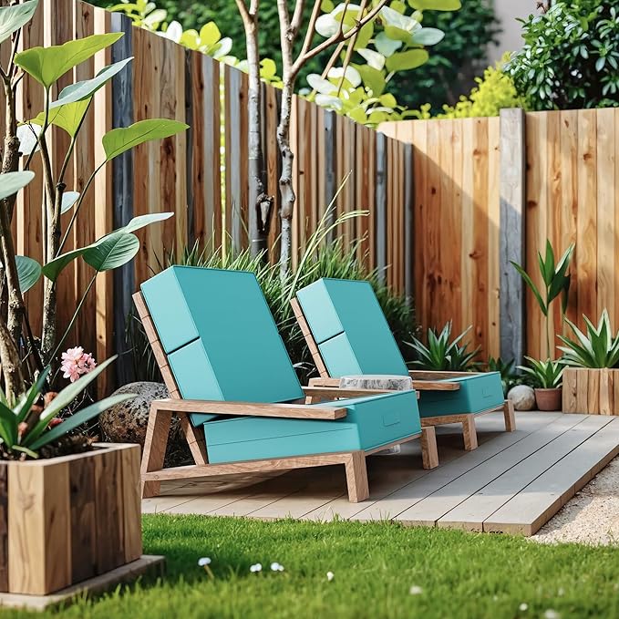 6 Inch Thick Foldable Deep Seat Cushion, 2 PCS 24 x 24 Inch Outdoor Water & Fade Resistant Olefin Patio Furniture Replacement Chair Cushion, with Removable Cover, Handle and Straps, Turquoise