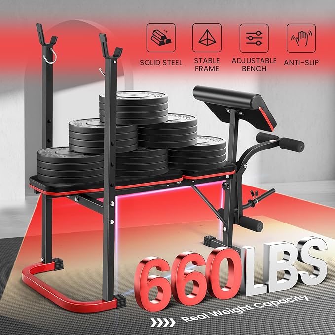 OPPSDECOR Adjustable Weight Bench Set with Leg Developer & Preacher Curl Pad, Full Body Workout Bench Press Set with Squat Rack for Home Gym Fitness, Standard Strength Training Bench