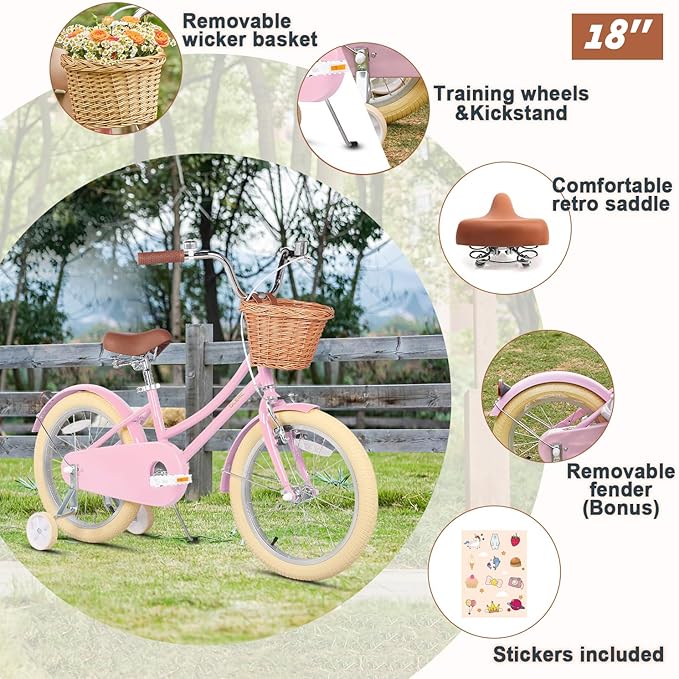 Glerc Little Molly 12-20 Inch Kids Retro Cruiser Bike for 2-13 Year Old with Wicker Basket & Training Wheels/Kickstand, Multiple Colors