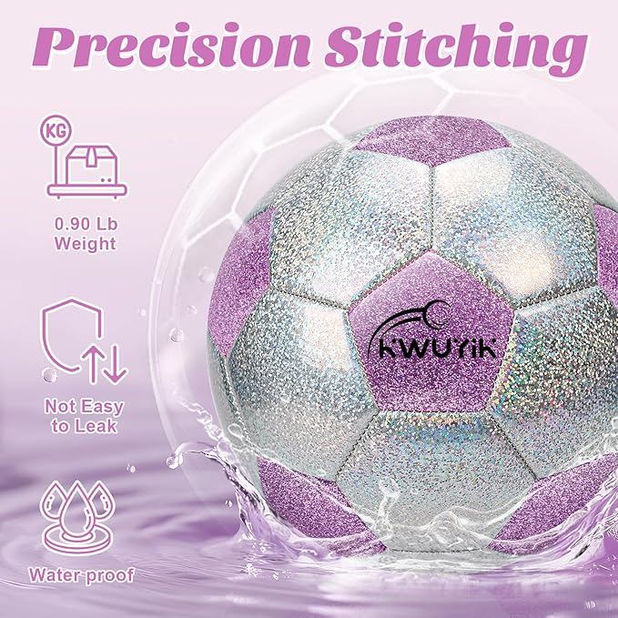 Soccer Ball Size 3 4 5 Glitter Pink Purple Silver with Pump Toddler Soccer Ball for Kids Aged 3-6 6-8 8-12 Outdoor Training Ball for Girls Boys Children Youth Teens
