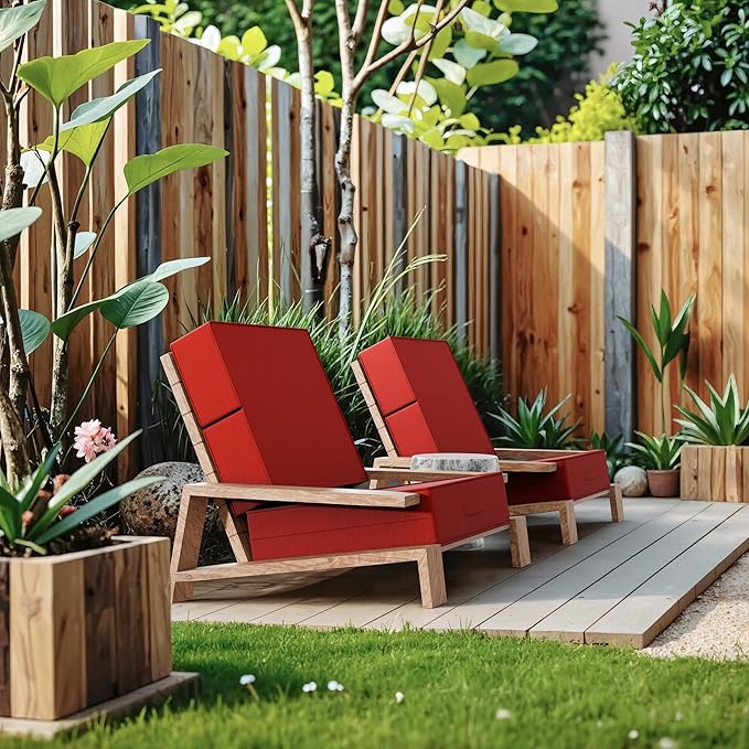 6 Inch Thick Foldable Deep Seat Cushion, 2 PCS 24 x 24 Inch Outdoor Water & Fade Resistant Olefin Patio Furniture Replacement Chair Cushion, with Removable Cover, Handle and Straps, Red