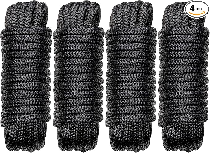 Boat Dock Lines Marine Rope - 1/2" x 15ft with Pre-Spliced 12" Loop Double Braided Nylon Ropes Bumper Tie Mooring Line for Boats Docking Pontoon Boating Accessories - 4 Pack Black