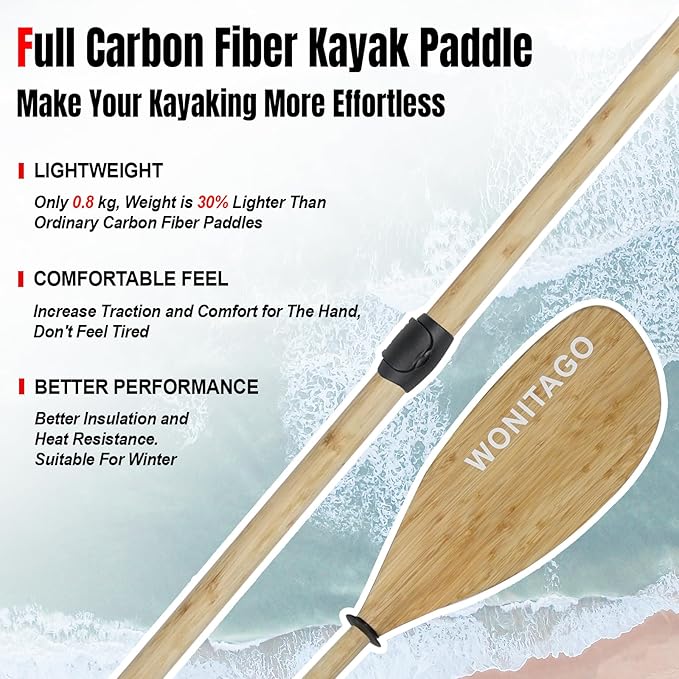 Full Carbon Fiber Kayak Paddle with Large Paddle Blade, 2-Piece, Floating Adjustable Kayak Paddles with Paddle Bag, 215-225 cm/85-89 Inches