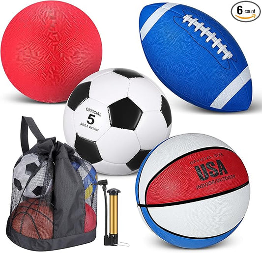 Lenwen 4 Pcs Sports Balls Set, Include Official Size Basketball Soccer Football Playground Ball Pump Equipment Bag Recess Equipment Sport for Teen Adult Gift Back to School
