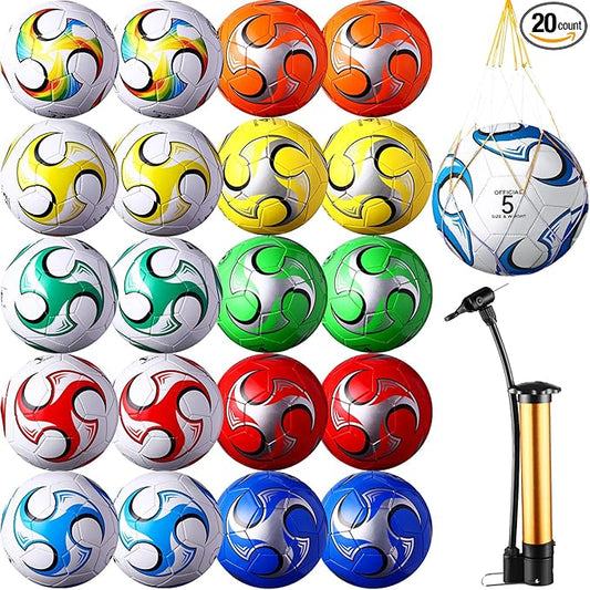 20 Pcs Soccer Balls Bulk with Pump and Net Bag Sport Ball Size 4/5 Outdoor Deflated Soccer Ball for Youth Adult Training Practice Game Match Operation Christmas