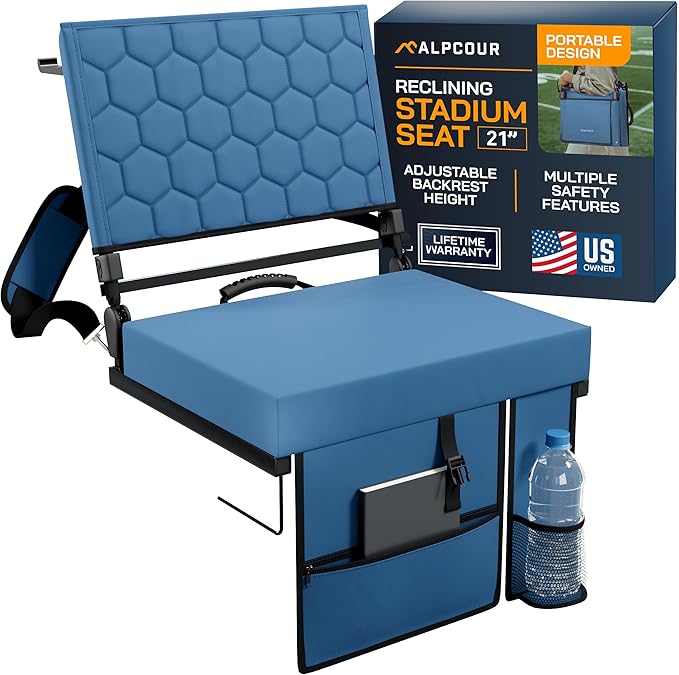 Extra Wide Folding Reclining Stadium Seat with Back Suppot for Bleachers, Bleacher Hooks, Thick Cushion, Cup Holder, Storage Pockets – Portable Chair for Kayak, Canoe, Paddle Board, Concerts, & Sports