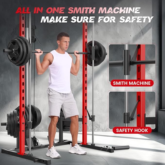 Smith Machine with LAT-Pull Down, Multi-Functional Smith Machine, Power Cage with Cable Crossover, Squat Rack with Landmine, Barbell Bar, Plate Storage Pegs and More Training Attachment
