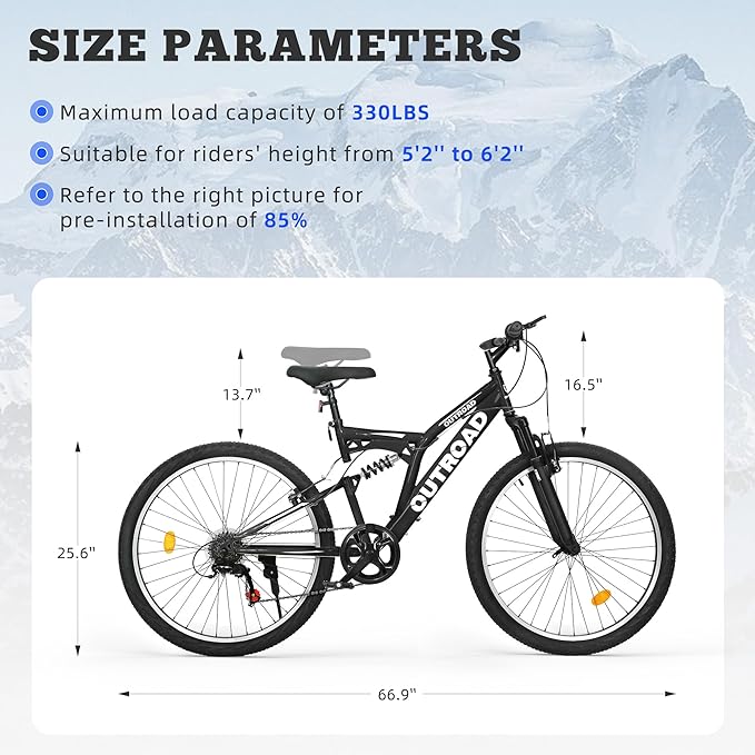 26 inch Mountain Bike, Outdoor Hybrid Bikes,7-Speed/High-Carbon Steel/Dual Full Suspension, for Men Women Adult, MTB Bicycle with Suspension Fork,Sleek Colors