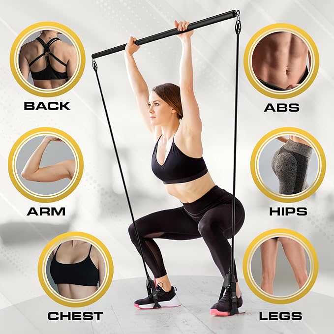 Pilates Bar Kit with Resistance Bands for Women & Men(30,40,50 Lbs), Pilate Bar with Non-Slip Foot Belts, 3-Section Pilates Bar Workout Equipment for Legs, Hip, Waist and Arm