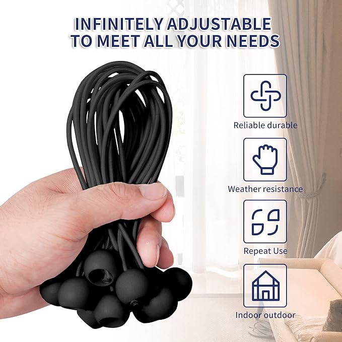 6 Inch Ball Bungee Cords, Heavy Duty UV Resistant Elastic Strap, Reusable Tie Down Cord with Balls, Indoor Outdoor Cords for Golf Net, Soccer Goals, Camping, Tent Poles, Hose (Black, 20 Pack)