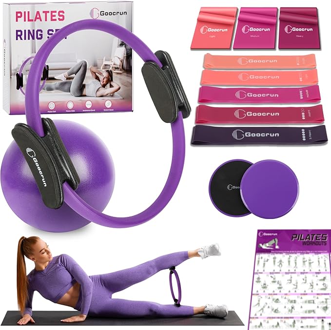 Pilates Ring Set Exercise Equipment with Exercise Bands Resistance Bands Set, Pilates Ball, Sliding Disks – Workout Equipment Home Gym Includes Complete Fitness Poster