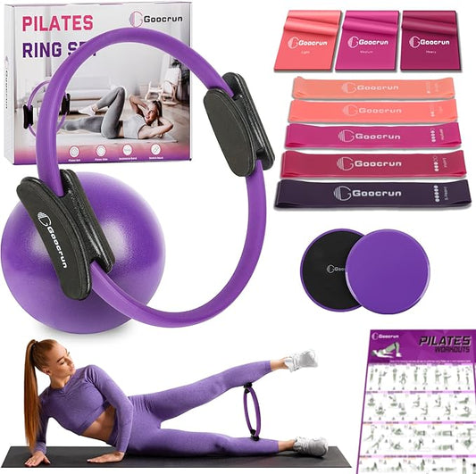 Pilates Ring Set Exercise Equipment with Exercise Bands Resistance Bands Set, Pilates Ball, Sliding Disks – Workout Equipment Home Gym Includes Complete Fitness Poster