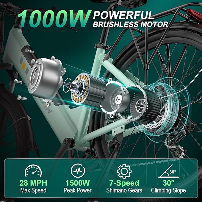 V80 Electric Bike, 1000W Motor 28MPH Ebike, 48V 13Ah Removeable Battery, 26'' City Cruiser Adult Electric Bicycles up to 70 Miles