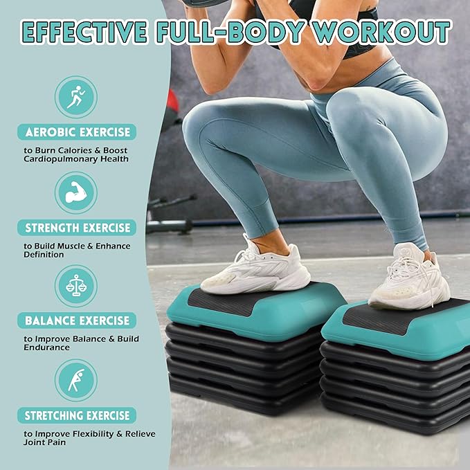Fitvids Step Aerobic Platform, Exercise Step with 5 levels Adjustable Height, 4 Stackable Risers, Fitness Training Workout Stepper for Home Gym, Cardio Strength, Multiple Options