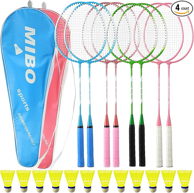 Woanger 8 Pcs Badminton Rackets Set with 12 Shuttlecocks, Lightweight Badminton Set of 4 for Adults Backyard Gym Beach Outdoor Games