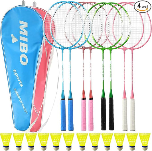 Woanger 8 Pcs Badminton Rackets Set with 12 Shuttlecocks, Lightweight Badminton Set of 4 for Adults Backyard Gym Beach Outdoor Games