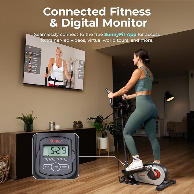 Sunny Health & Fitness 2-in-1 Sit/Stand Mini Elliptical Machine, Portable Under Desk Peddler Exerciser for Senior Home Workout, Optional Free Sunnyfit App Bluetooth Link, Handlebars or Resistance Band